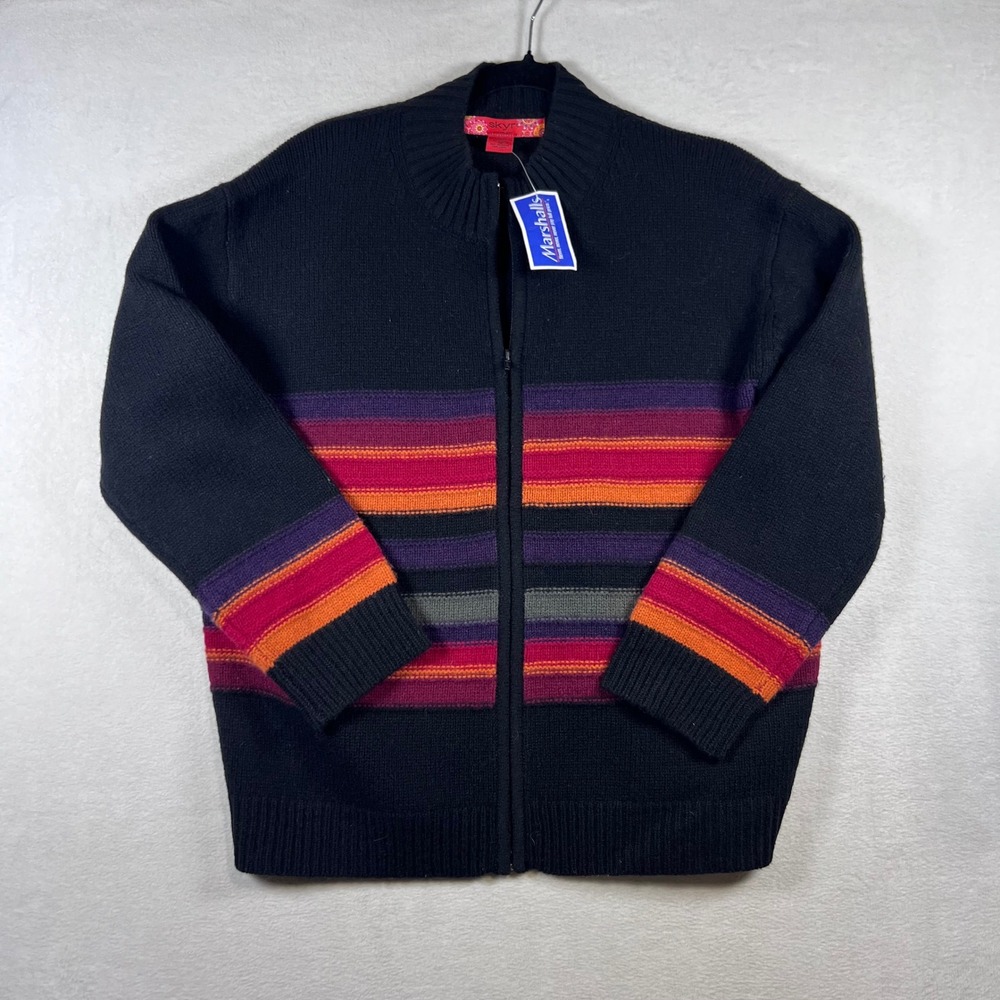 Skyr Woman 100% Lambswool Full Zip Striped Cardigan Sweater Black Plus 1X NWT